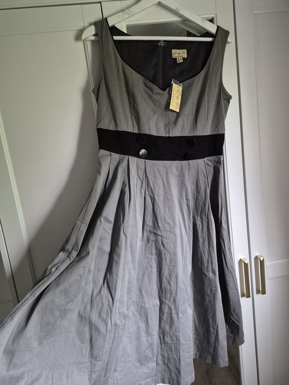 Lindy Bop Grey Fit-and-Flare Dress with Black Waistband